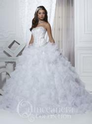 Spring 2013 Quinceañera dress with scoop neckline and full-cascading skirt offered in white, light pink, and royal.